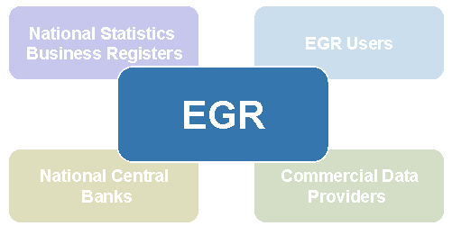 Graphische Darstellung  des EGR, das als ein Netz gebaut wird, das sich aus einem zentralen System, das sich in EUROSTAT befindet und aus lokalen Partnern zusammensetzt, die sich in den teilnehmenden Ländern befinden.